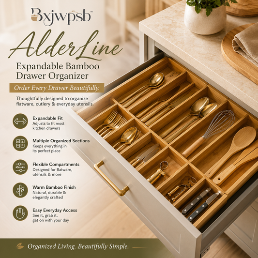 Bxjwpsb™ AlderLine Expandable Bamboo Silverware Organizer — Adjustable Kitchen Drawer Tray with Removable Compartments for Flatware, Cutlery, Cooking Utensils & Home Storage