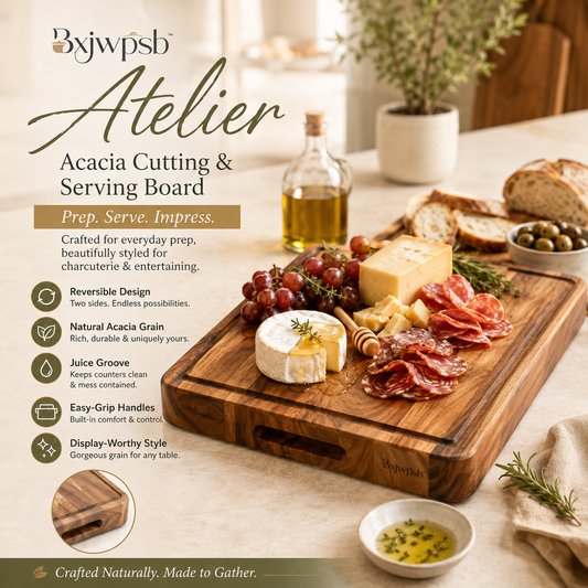 Bxjwpsb™ Atelier Acacia Wood Cutting Board with Juice Groove — Reversible Charcuterie Serving Board with Easy-Grip Handles for Meat, Bread, Cheese, Fruit & Kitchen Prep